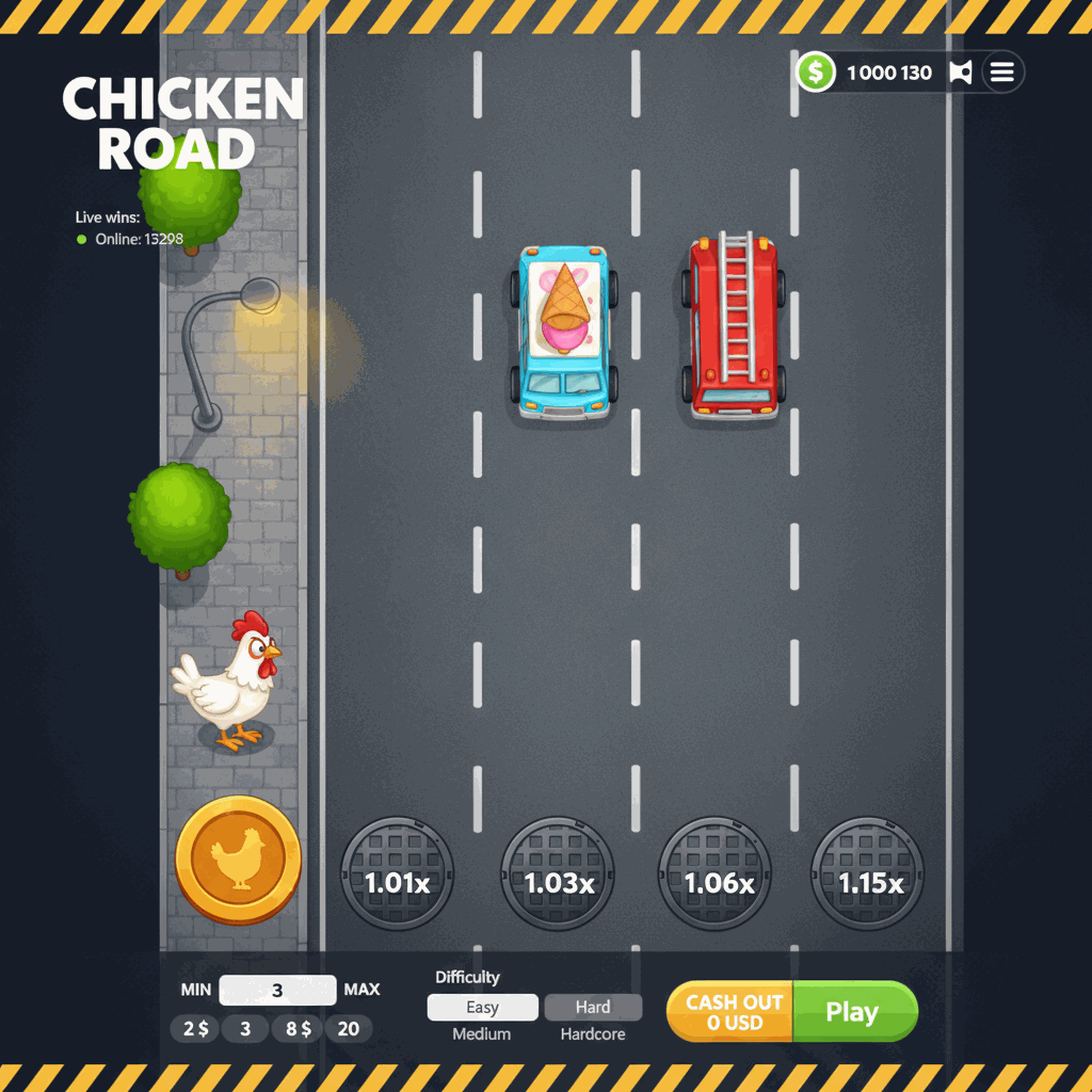 Chicken Road gioco crash di InOut con pollo cartoon che attraversa una strada multi-corsia vista dall'alto, moltiplicatori visibili su ogni corsia, sfondo urbano con alberi e lampione, interfaccia di gioco con saldo e pulsanti di controllo